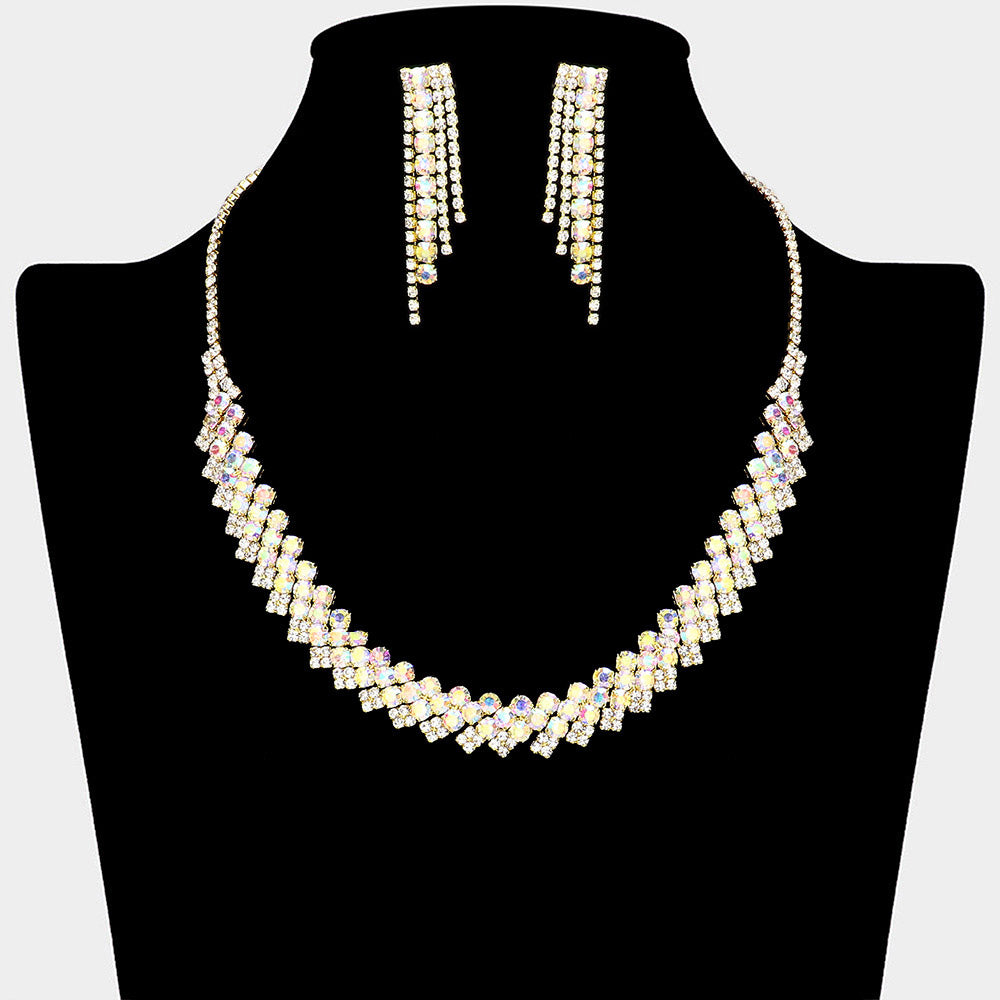 Madeline Love AB, Gold Rhinestone Paved U Shaped Necklace - Jewelry