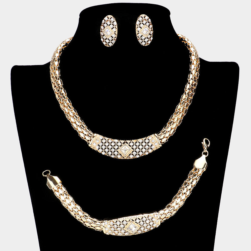 Madeline Love Gold 3PCS Rhinestone Paved Metal Chain Necklace Jewelry Set