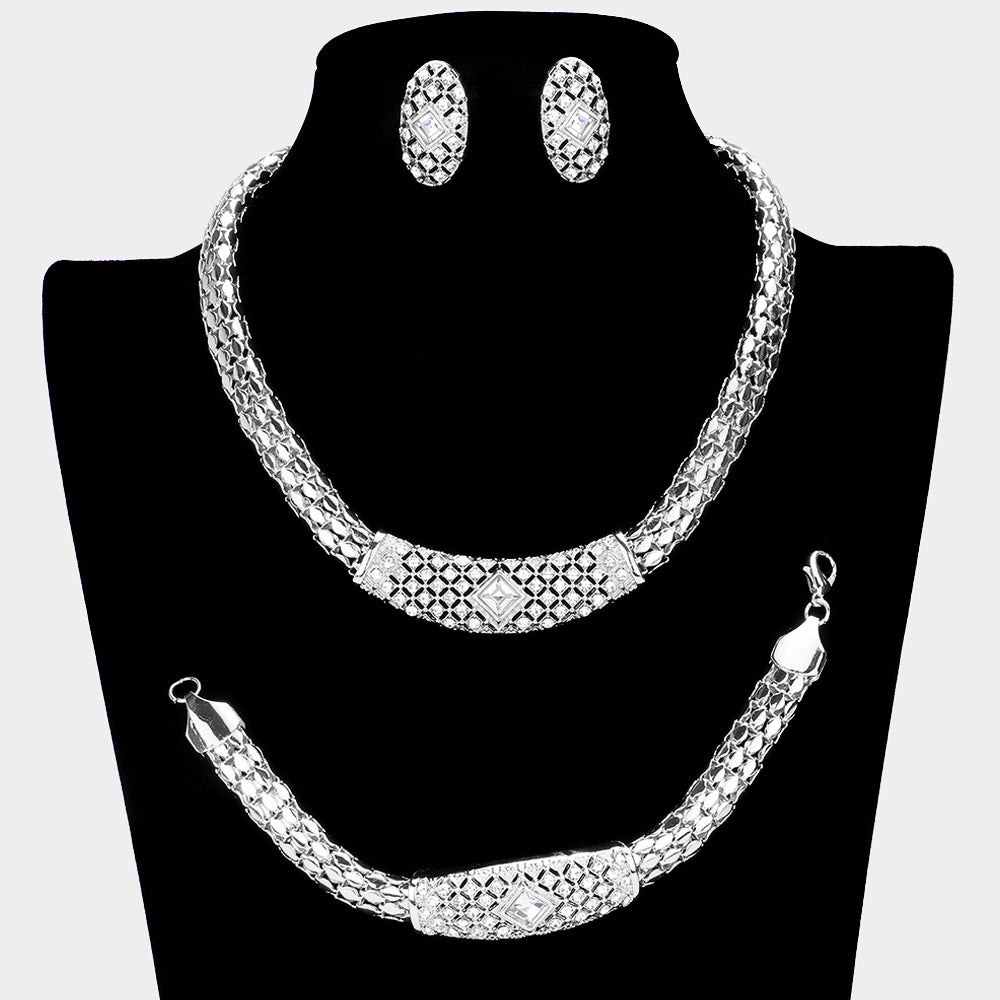 Madeline Love Silver 3PCS Rhinestone Paved Metal Chain Necklace Jewelry Set