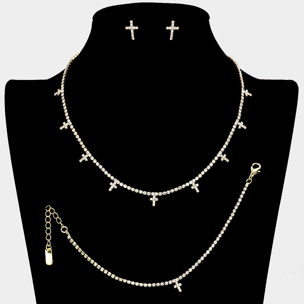 Madeline Love Gold Cross CZ Stone Station Rhinestone Paved Necklace Jewelry Set