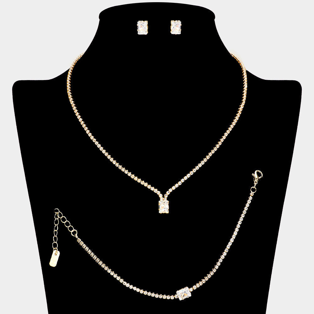 Madeline Love Gold Rectangle Stone Pointed Rhinestone Paved Necklace Jewelry Set