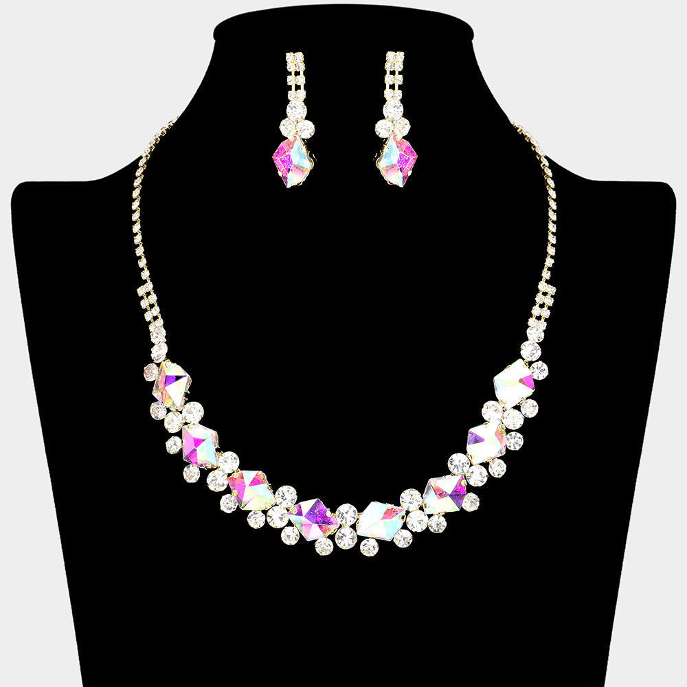 Madeline Love AB, Gold Glass Crystal Stone Cluster Pointed Rhinestone Paved Necklace - Jewelry