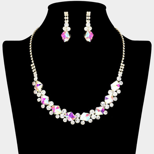 Madeline Love AB, Gold Glass Crystal Stone Cluster Pointed Rhinestone Paved Necklace - Jewelry