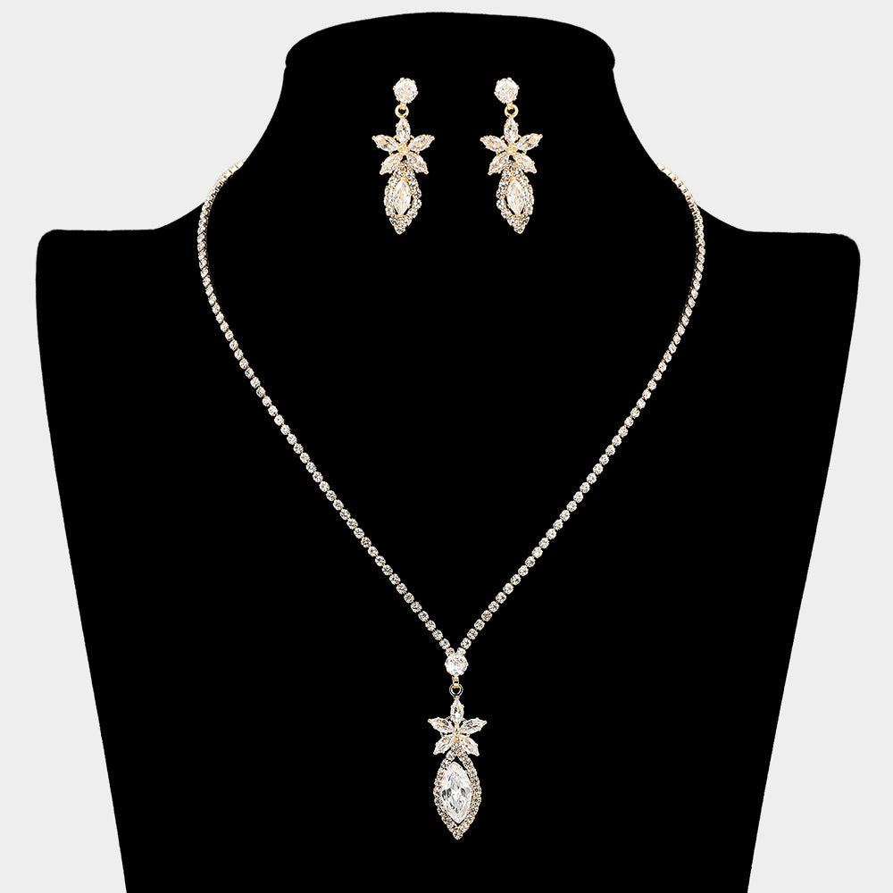 Madeline Love Clear, Gold Floral Marquise CZ Stone Cluster Pendant Rhinestone Paved Necklace - Jewelry