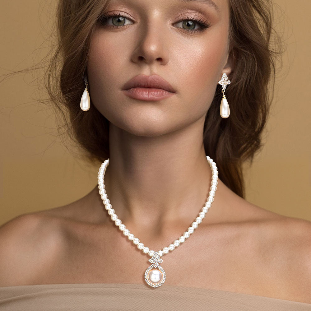 Madeline Love Cream, Gold Round Pearl Pointed Pendant Necklace - Necklaces