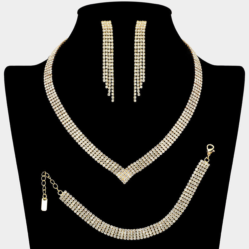 Madeline Love Clear, Gold Four Row Rhinestone Paved V Shaped Jewelry Set