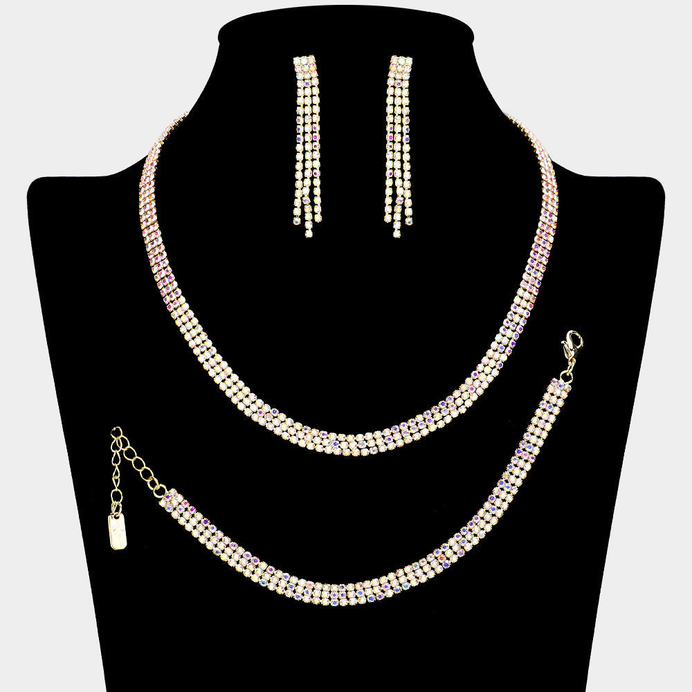Madeline Love AB, Gold Rhinestone Paved 3-Row Necklace Jewelry Set