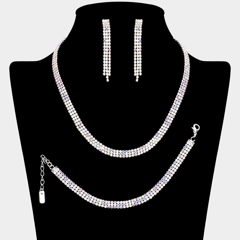 Madeline Love AB, Silver Rhinestone Paved 3-Row Necklace Jewelry Set