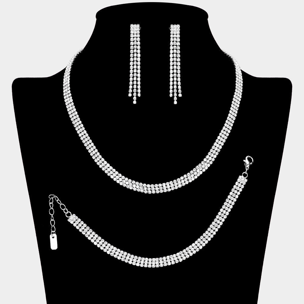 Madeline Love Silver Rhinestone Paved 3-Row Necklace Jewelry Set