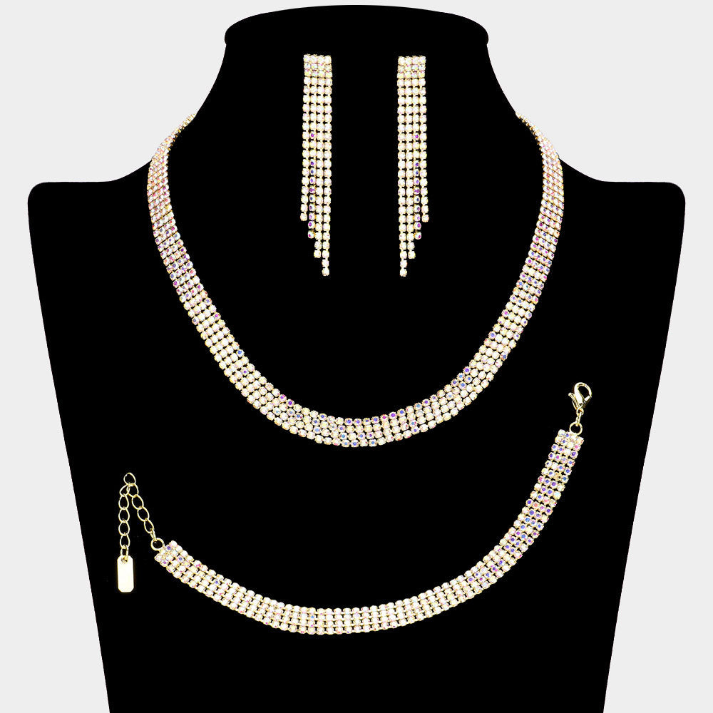 Madeline Love AB, Gold Rhinestone Paved 4-Row Necklace Jewelry Set