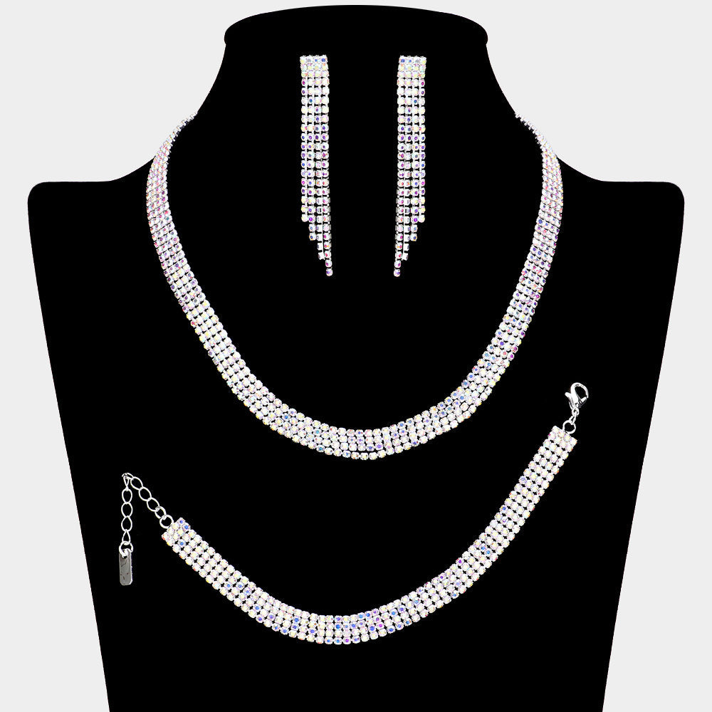 Madeline Love AB, Silver Rhinestone Paved 4-Row Necklace Jewelry Set