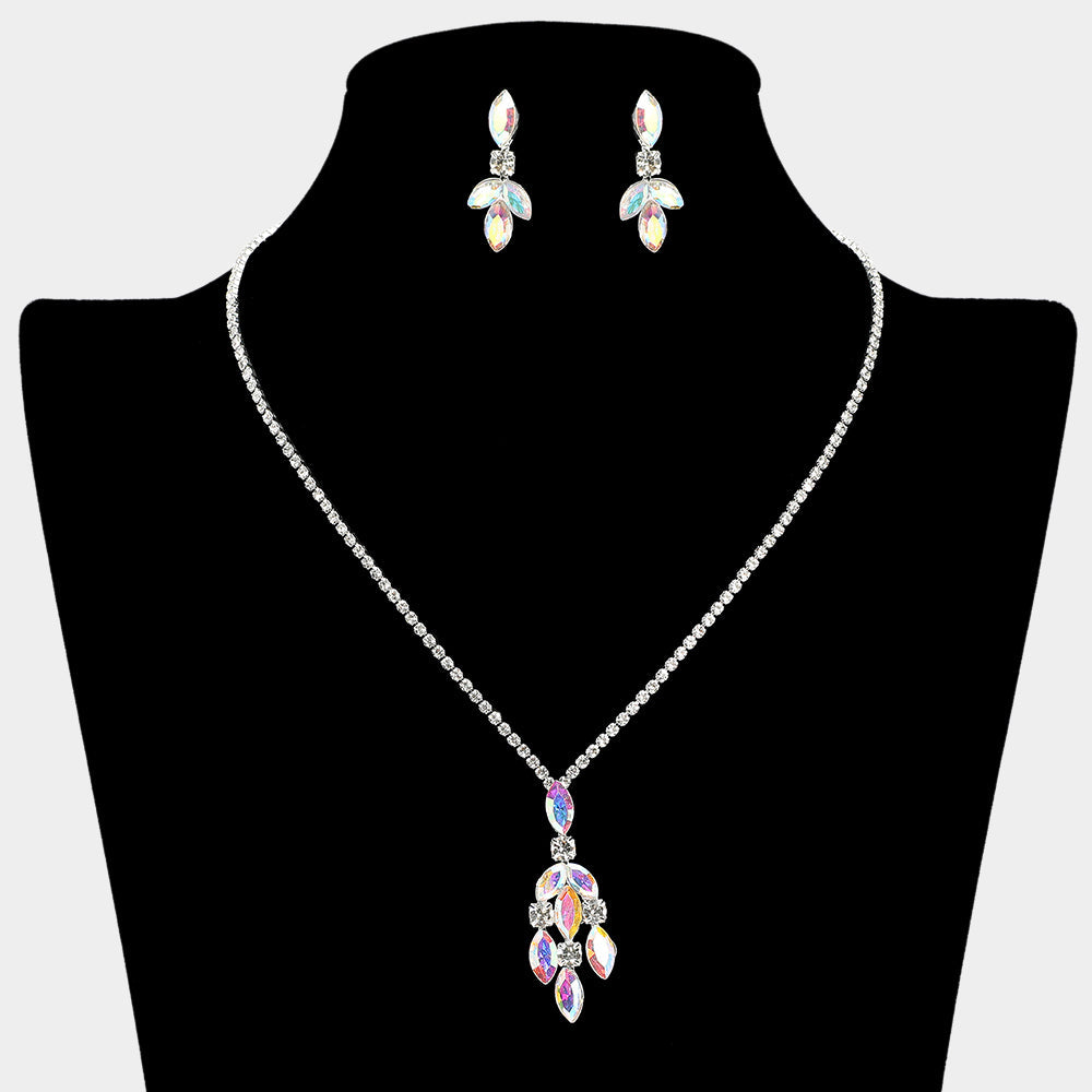 Madeline Love AB, Silver Marquise Stone Cluster Pendant Rhinestone Paved Necklace - Jewelry