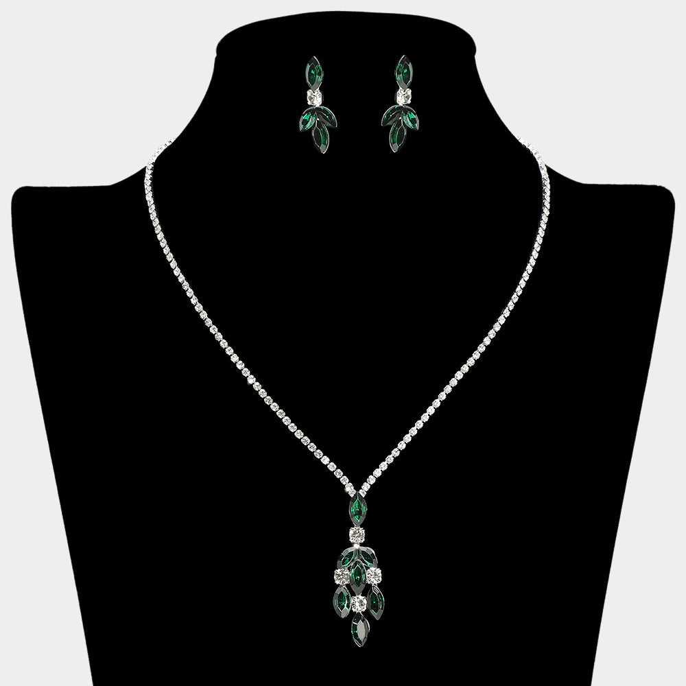 Madeline Love Emerald, Silver Marquise Stone Cluster Pendant Rhinestone Paved Necklace - Jewelry