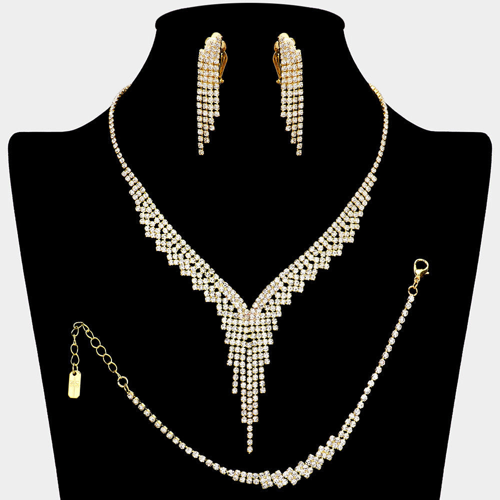 Madeline Love Clear, Gold Rhinestone Paved Fringe Necklace Jewelry Set