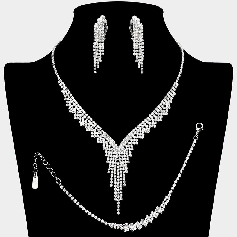 Madeline Love Clear, Silver Rhinestone Paved Fringe Necklace Jewelry Set
