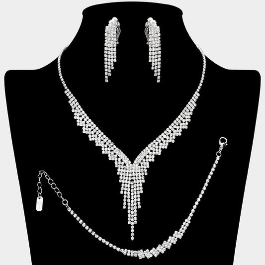 Madeline Love Clear, Silver Rhinestone Paved Fringe Necklace Jewelry Set