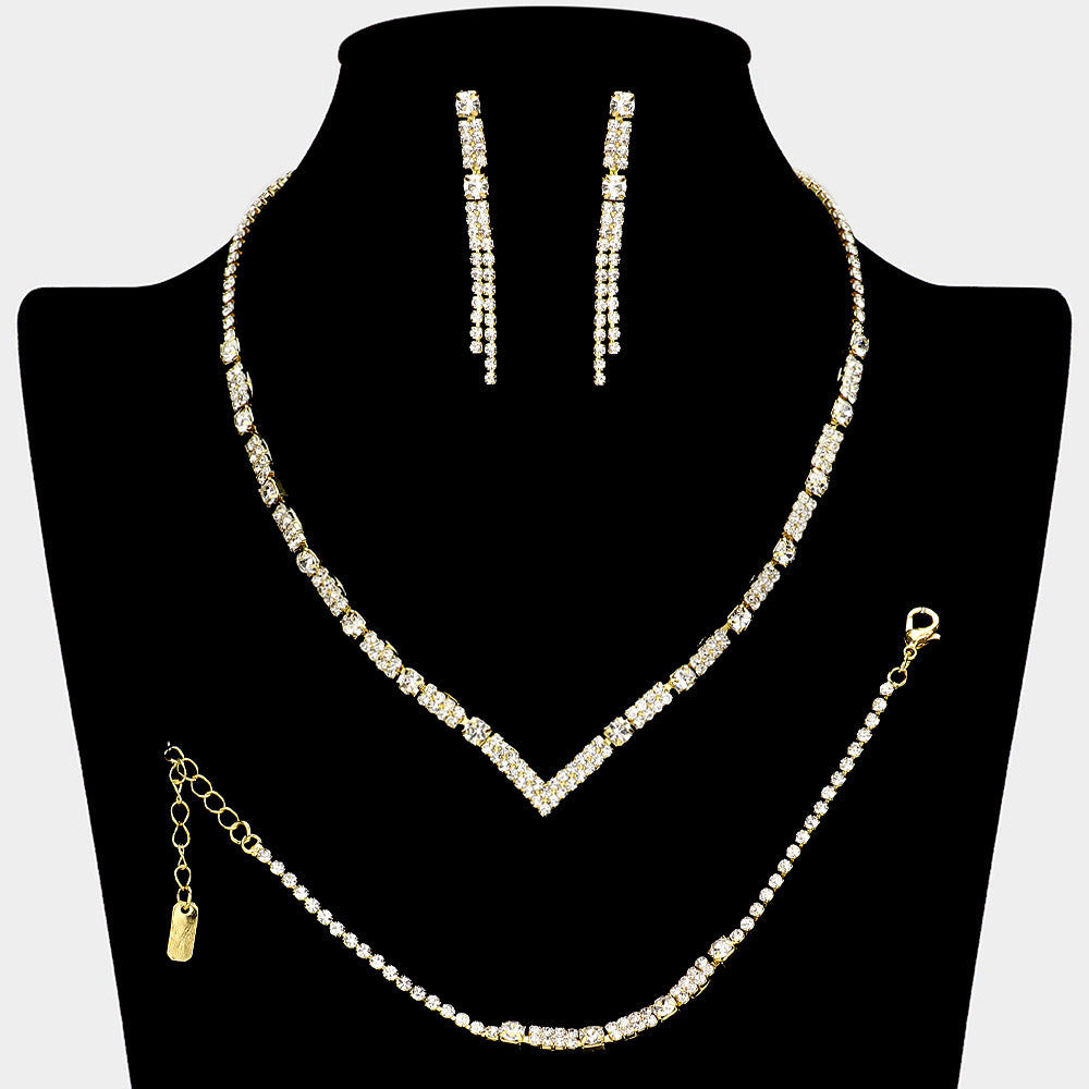 Madeline Love Clear, Gold Square Stone Cluster Pointed Rhinestone Paved Necklace Jewelry Set