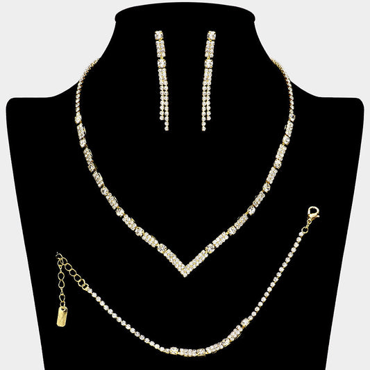 Madeline Love Clear, Gold Square Stone Cluster Pointed Rhinestone Paved Necklace Jewelry Set