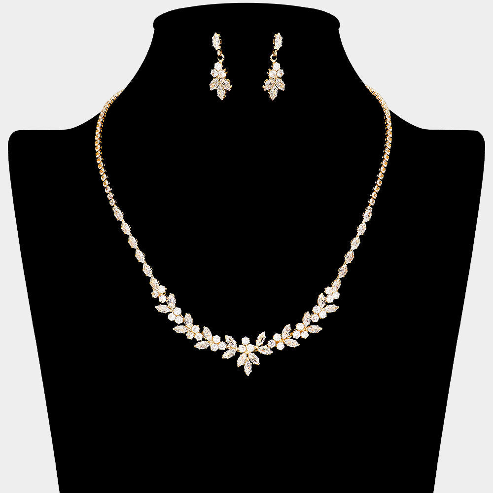 Madeline Love Clear, Gold Leaf Vine CZ Stone Cluster Embellished Necklace - Jewelry