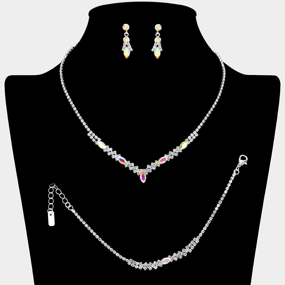 Madeline Love AB, Silver Marquise Stone Cluster Accent Rhinestone Paved Jewelry Set