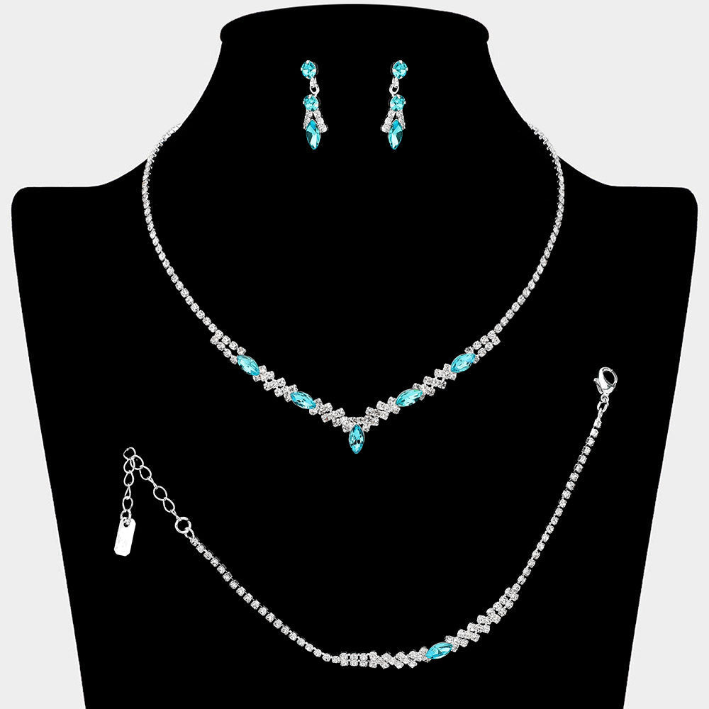 Madeline Love Aqua, Silver Marquise Stone Cluster Accent Rhinestone Paved Jewelry Set