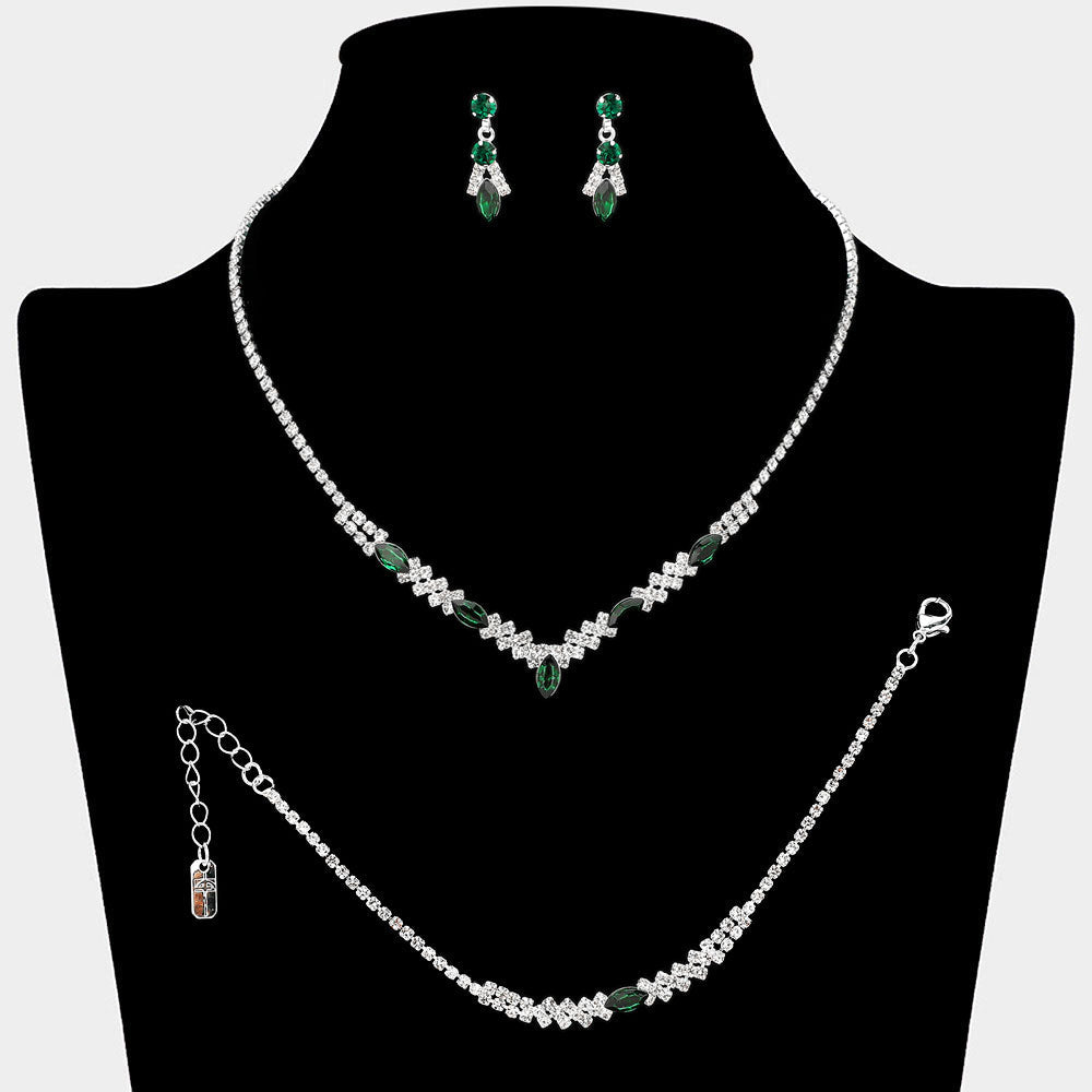 Madeline Love Emerald, Silver Marquise Stone Cluster Accent Rhinestone Paved Jewelry Set