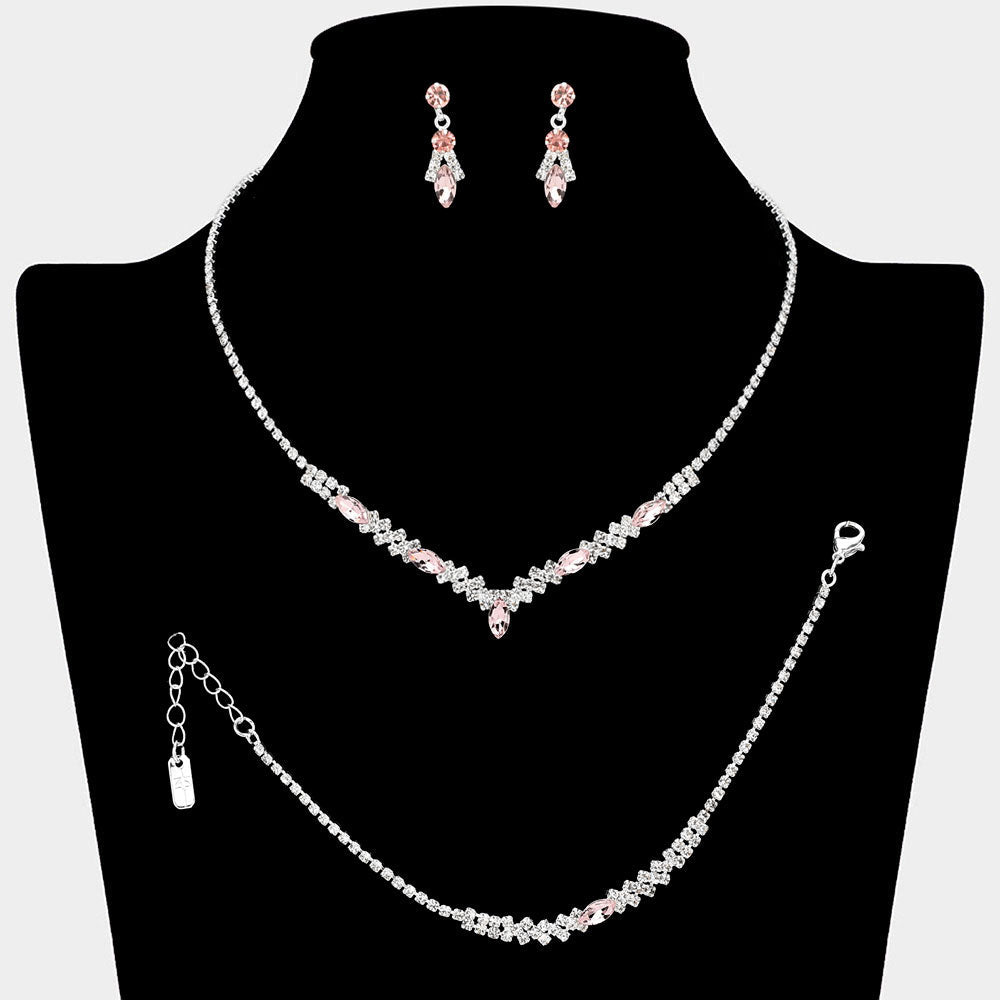 Madeline Love Light, Rose, Silver Marquise Stone Cluster Accent Rhinestone Paved Jewelry Set