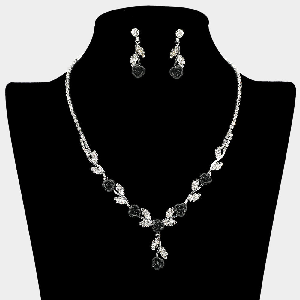 Madeline Love Black, Silver Colored Rose Flower Marquise Stone Cluster Link Rhinestone Paved Necklace - Necklaces