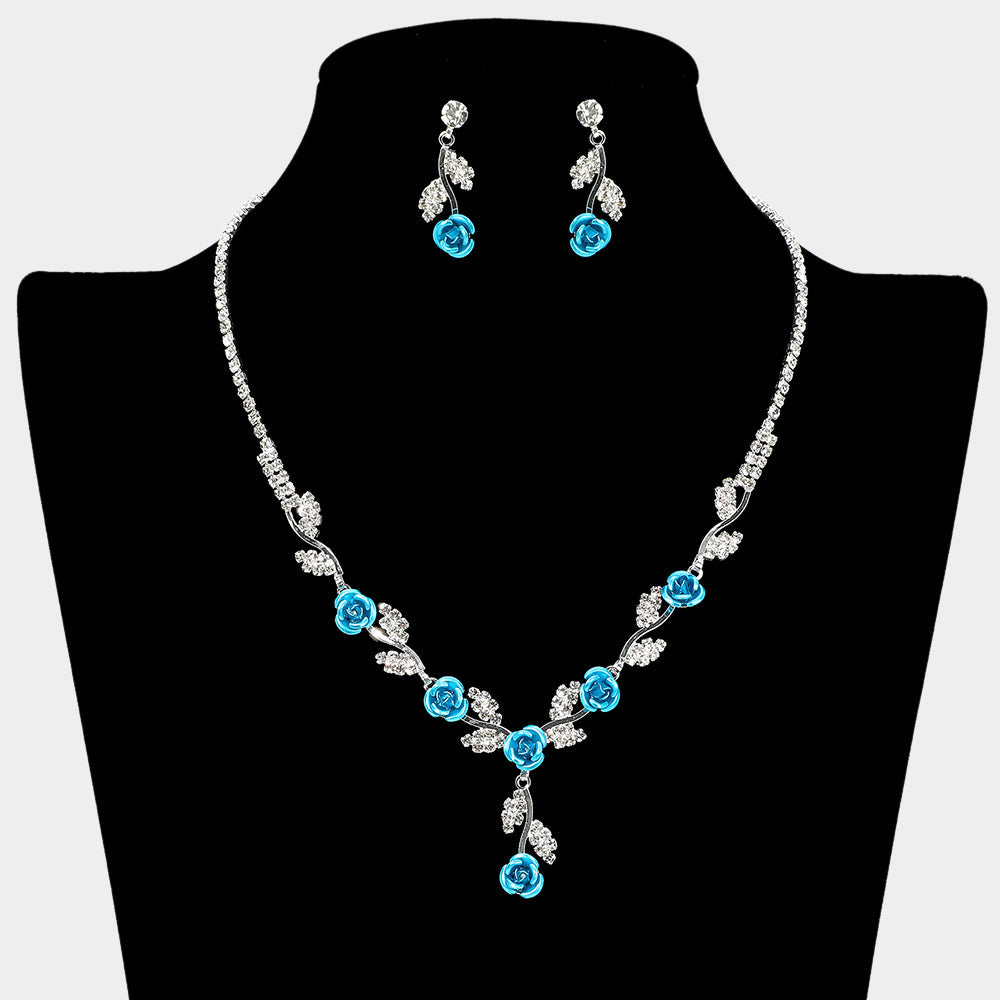 Madeline Love Blue, Silver Colored Rose Flower Marquise Stone Cluster Link Rhinestone Paved Necklace - Necklaces