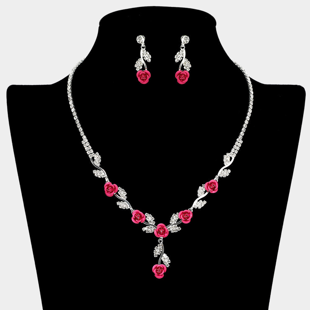 Madeline Love Pink, Silver Colored Rose Flower Marquise Stone Cluster Link Rhinestone Paved Necklace - Necklaces