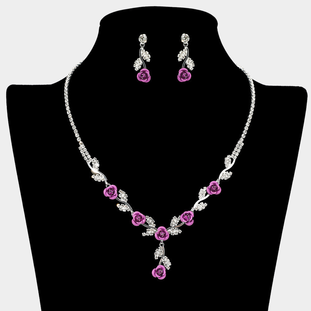Madeline Love Purple , Silver Colored Rose Flower Marquise Stone Cluster Link Rhinestone Paved Necklace - Necklaces