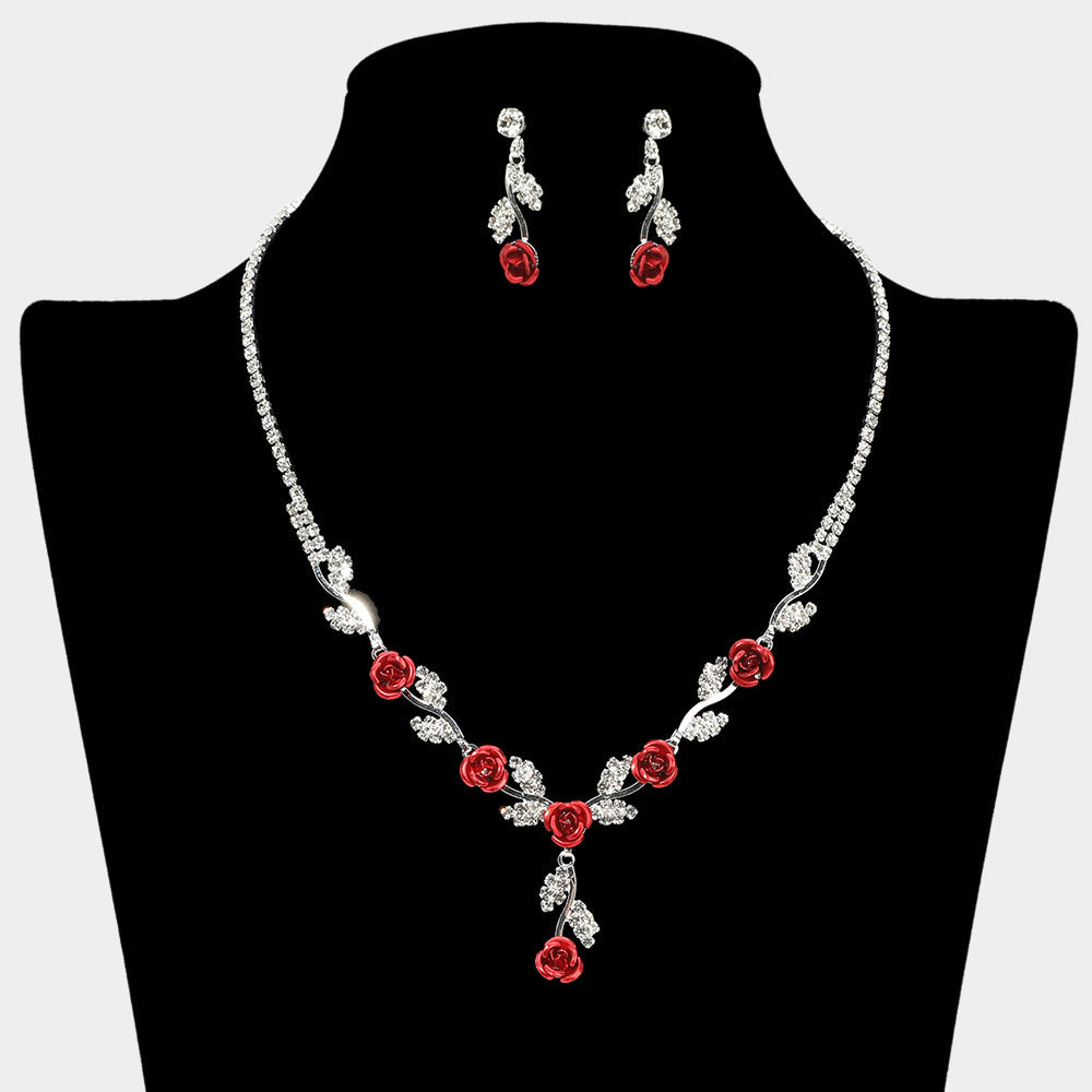 Madeline Love Red, Silver Colored Rose Flower Marquise Stone Cluster Link Rhinestone Paved Necklace - Necklaces