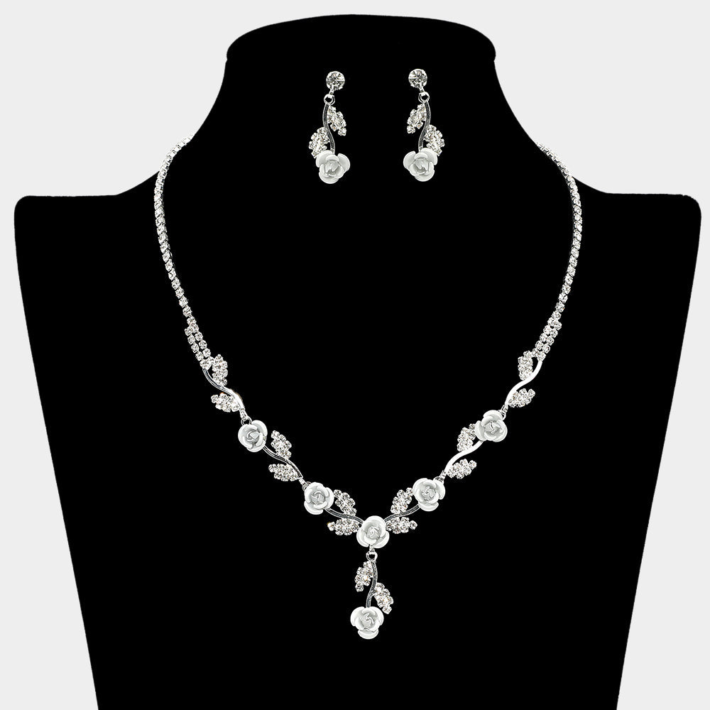 Madeline Love Silver, White Colored Rose Flower Marquise Stone Cluster Link Rhinestone Paved Necklace - Necklaces