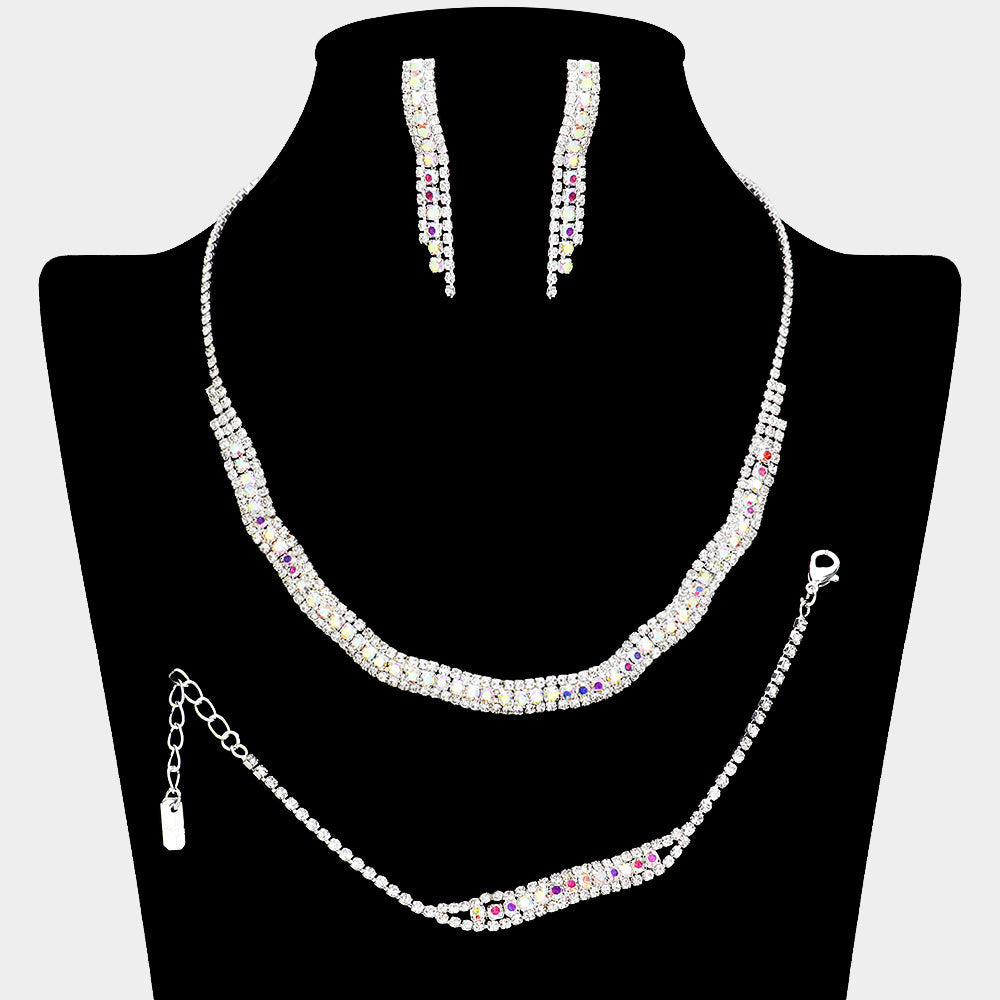 Madeline Love AB, Silver Rhinestone Paved Wavy Necklace Jewelry Set