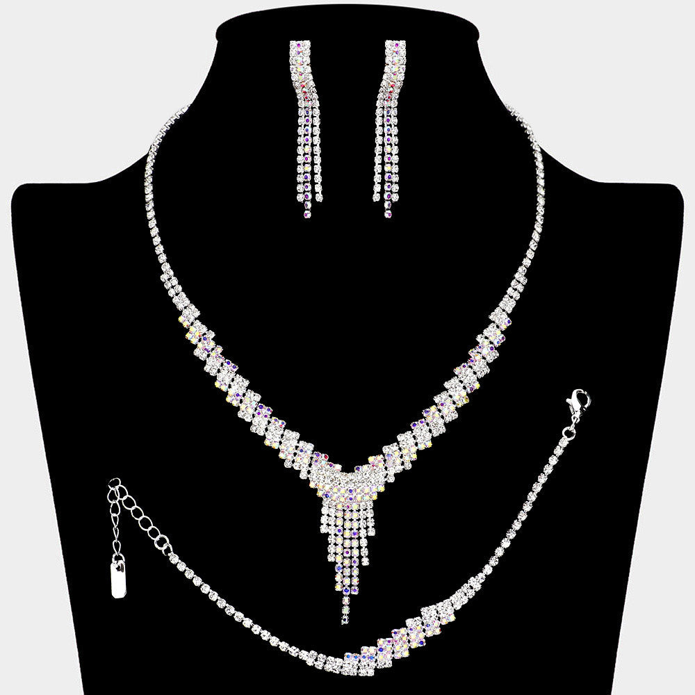 Madeline Love AB, Silver Rhinestone Paved Fringe V Shaped Necklace Jewelry Set