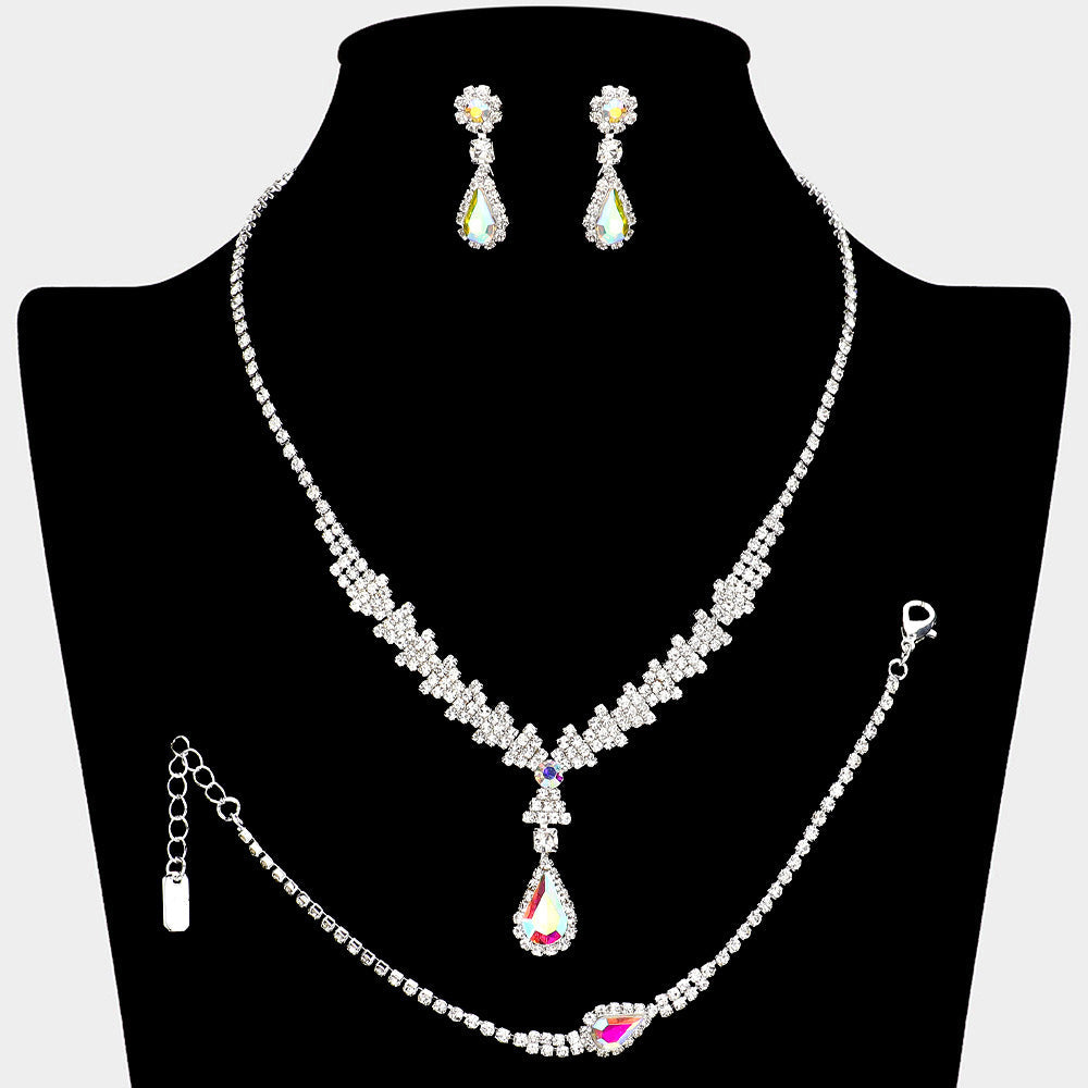 Madeline Love AB, Silver Teardrop Stone Pointed Rhinestone Paved Necklace Jewelry Set