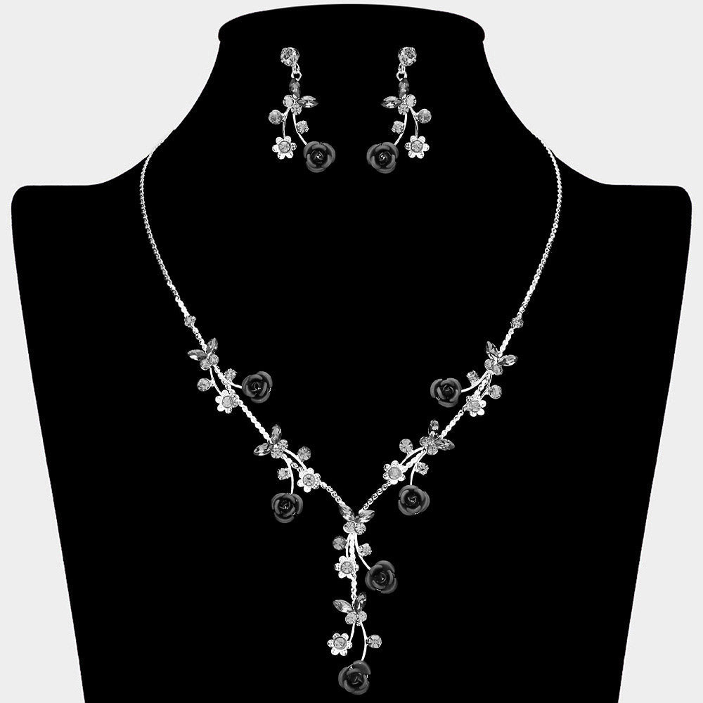 Madeline Love Black, Silver Colored Rose Vine Butterfly Stone Cluster Rhinestone Paved Necklace - Jewelry