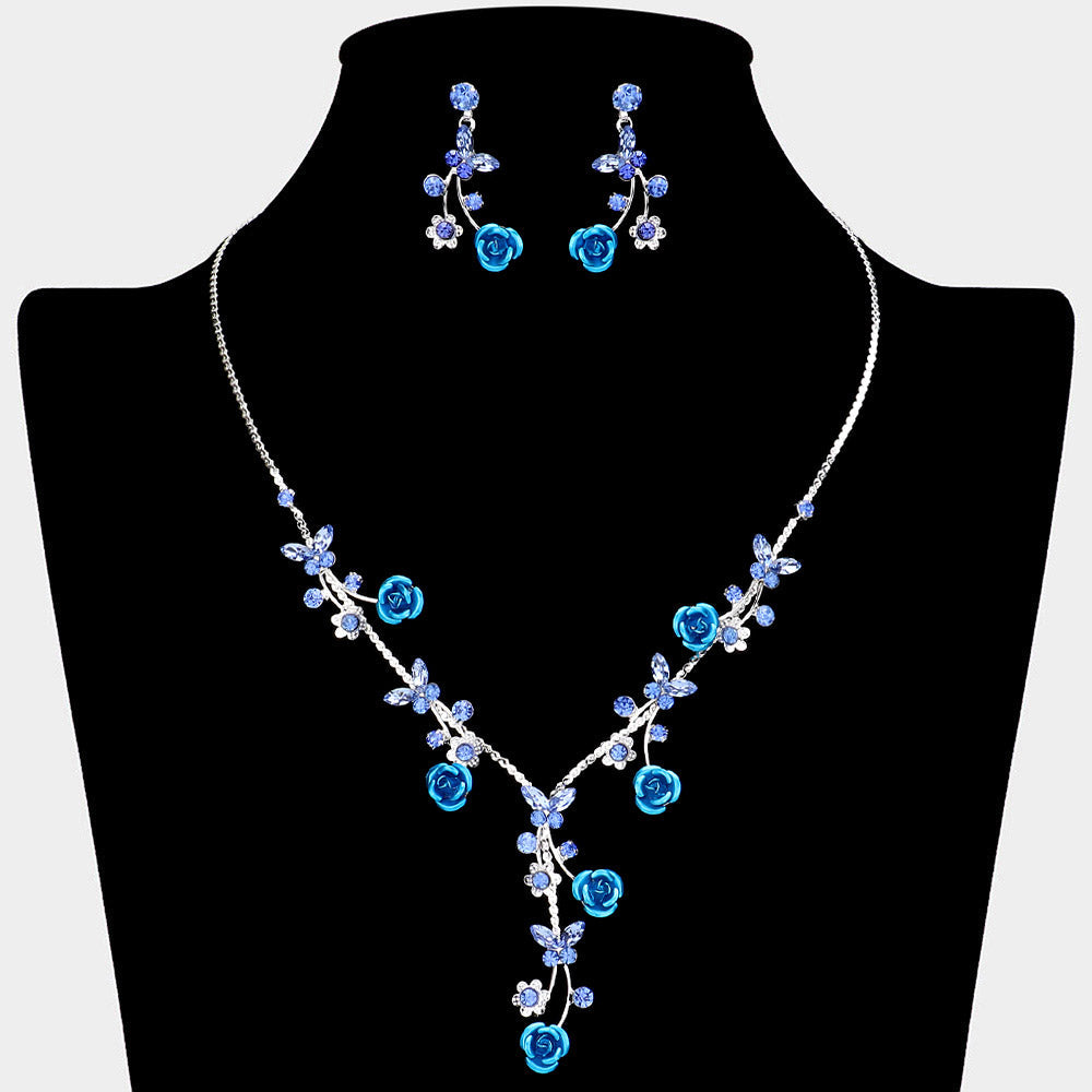 Madeline Love Blue, Silver Colored Rose Vine Butterfly Stone Cluster Rhinestone Paved Necklace - Jewelry