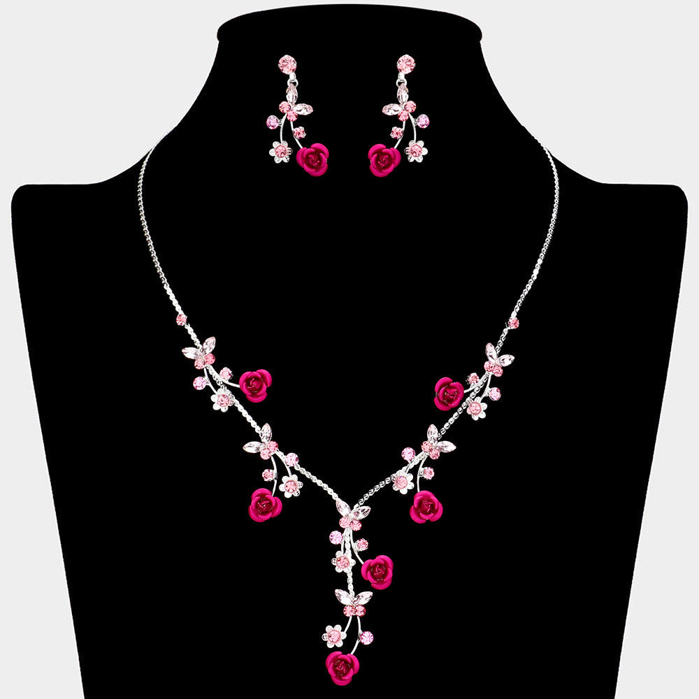 Madeline Love Pink, Silver Colored Rose Vine Butterfly Stone Cluster Rhinestone Paved Necklace - Jewelry