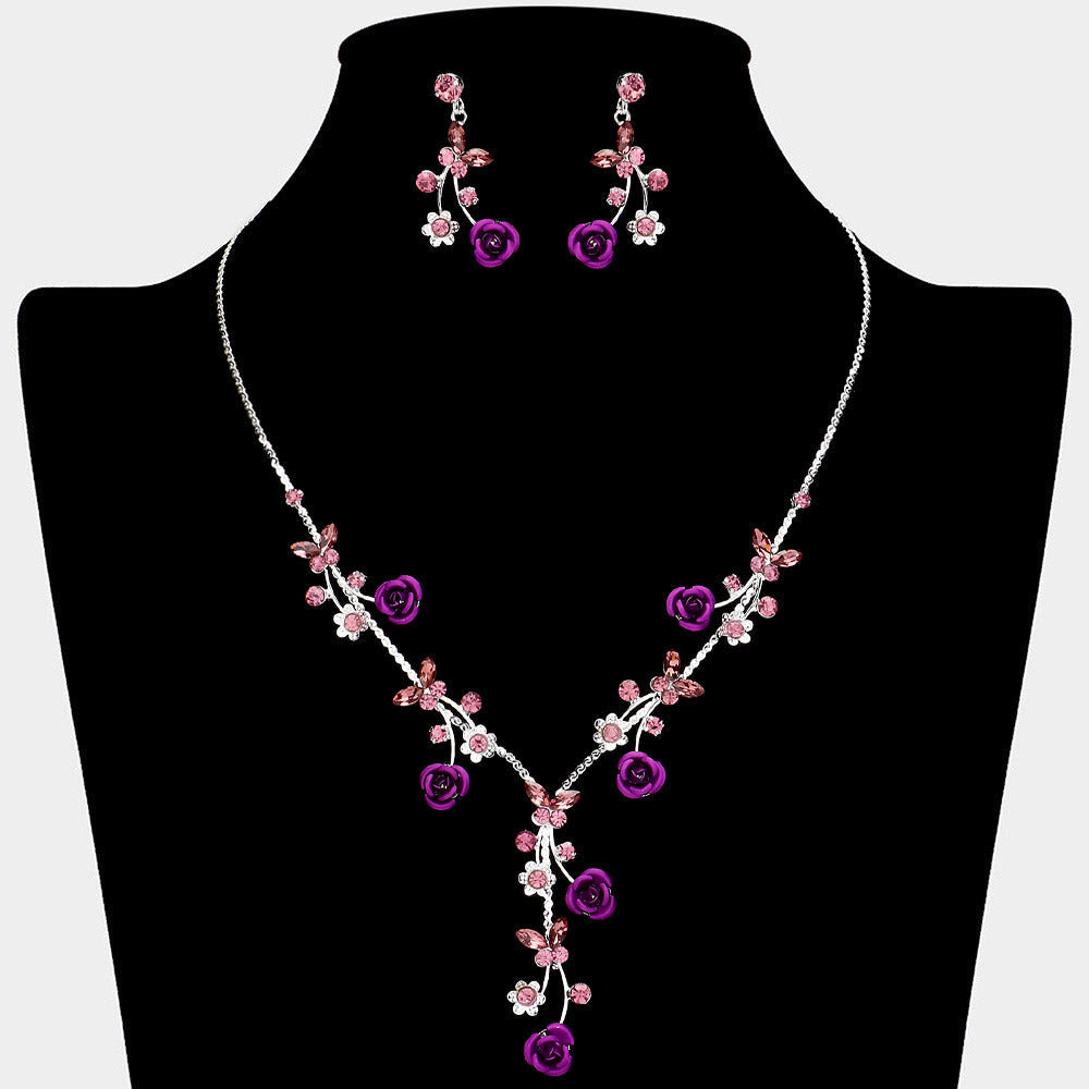 Madeline Love Purple , Silver Colored Rose Vine Butterfly Stone Cluster Rhinestone Paved Necklace - Jewelry