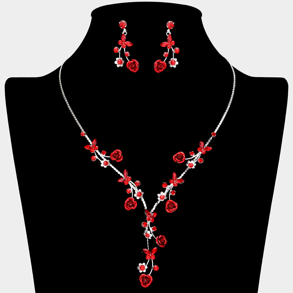 Madeline Love Red, Silver Colored Rose Vine Butterfly Stone Cluster Rhinestone Paved Necklace - Jewelry