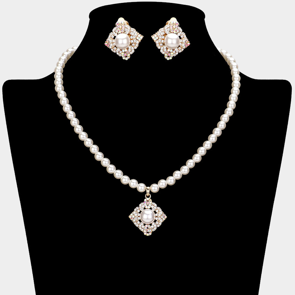 Madeline Love Cream, Gold Pearl Centered Stone Paved Pendant Pointed Necklace - Necklaces