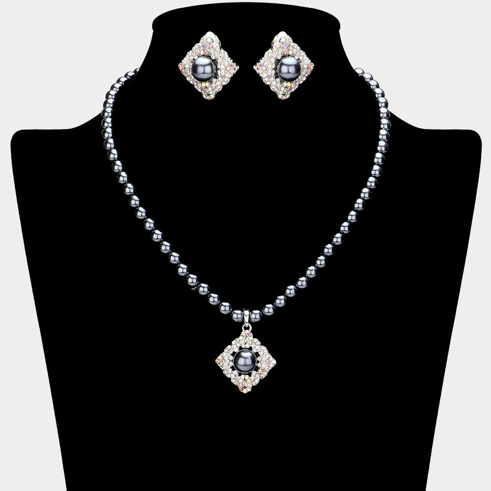 Madeline Love Hematite, Silver Pearl Centered Stone Paved Pendant Pointed Necklace - Necklaces