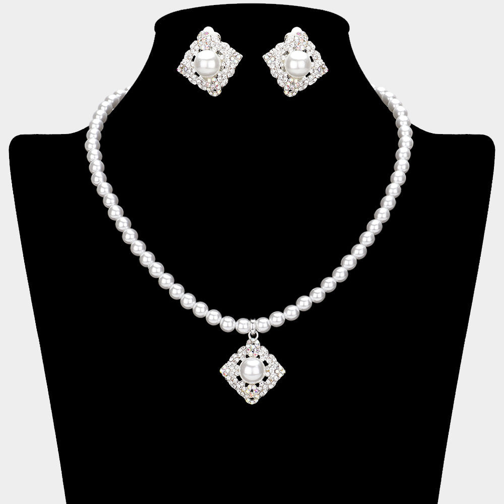 Madeline Love Silver, White Pearl Centered Stone Paved Pendant Pointed Necklace - Necklaces