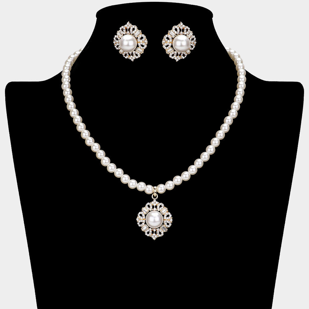 Madeline Love Cream, Gold Rhinestone Paved Pearl Pendant Necklace - Necklaces