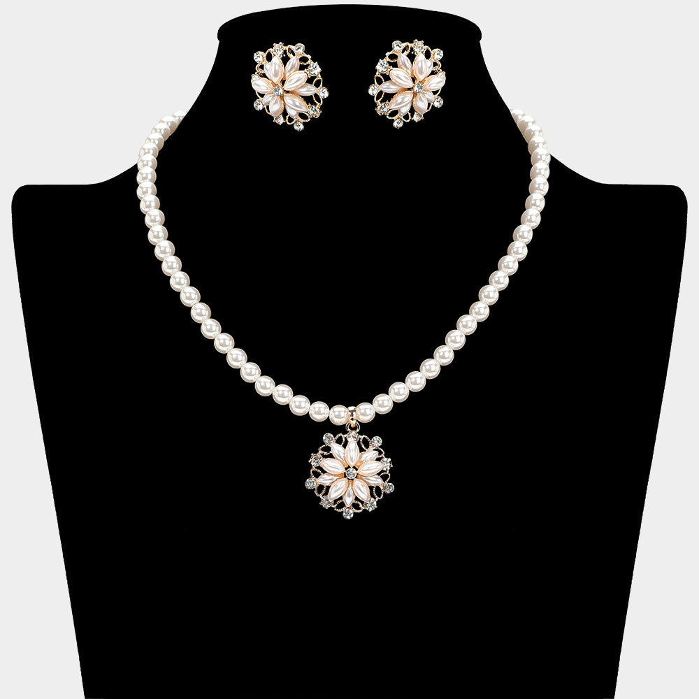 Madeline Love Cream, Gold Pearl Flower Rhinestone Pendant Necklace - Necklaces