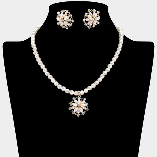 Madeline Love Cream, Gold Pearl Flower Rhinestone Pendant Necklace - Necklaces