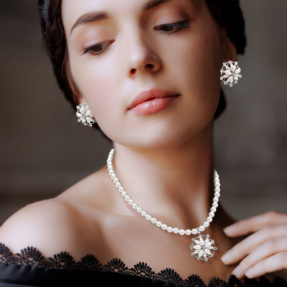 Madeline Love Silver, White Pearl Flower Rhinestone Pendant Necklace - Necklaces