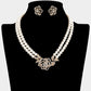Madeline Love Cream, Gold Rhinestone Paved Rose Pendant Double Layered Pearl Necklace - Necklaces