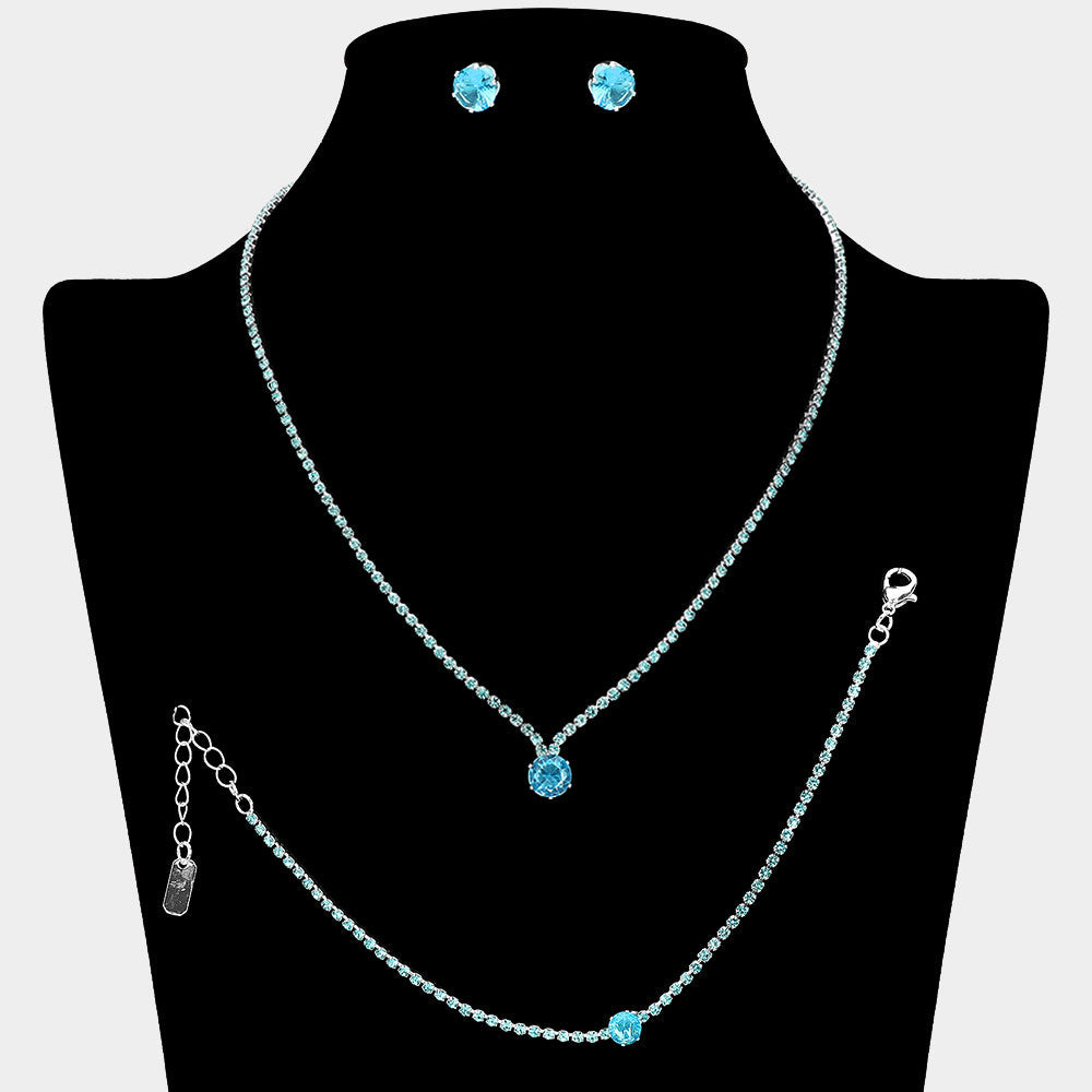 Madeline Love Aqua, Silver Round CZ Stone Accent Rhinestone Paved Jewelry Set